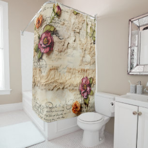 Rideaux De Douche Lettre vintage d'amour parchemin avec fleurs (8)