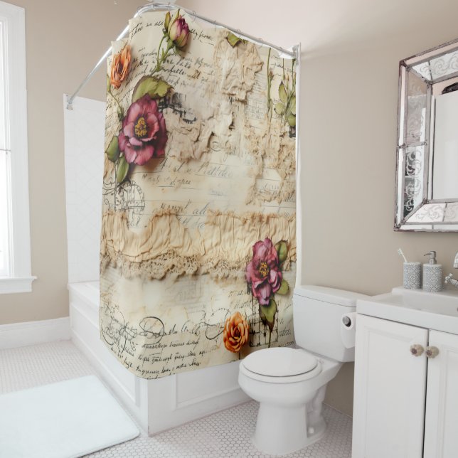 Rideaux De Douche Lettre vintage d'amour parchemin avec fleurs (8) (En situation)