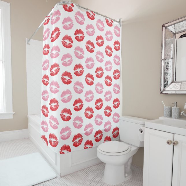 Rideaux De Douche Lèvres rouges et roses, Motif des lèvres, bâton à  (En situation)
