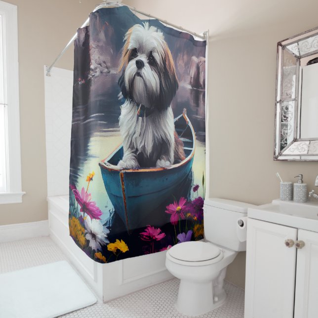 Rideaux De Douche Lhassa Apso sur une rame : une aventure Pittoresqu (En situation)
