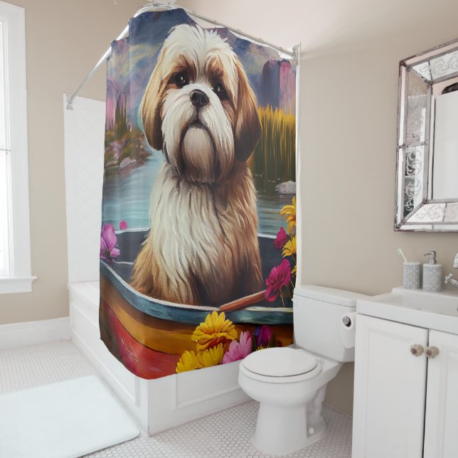 Rideaux De Douche Lhassa Apso sur une rame : une aventure Pittoresqu (En situation)