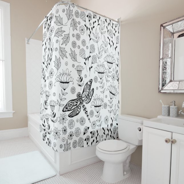Rideaux De Douche libellule et fleurs (En situation)