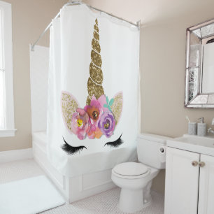 Rideaux De Douche Licorne Florale Paillettes Dorées Glam Filles Étin