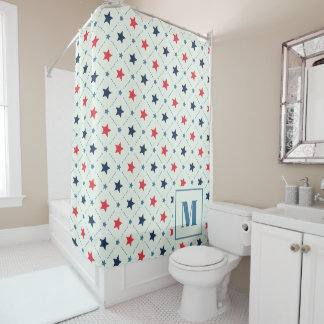 Rideaux De Douche Ligne de point bleu étoile rouge Motif géométrique