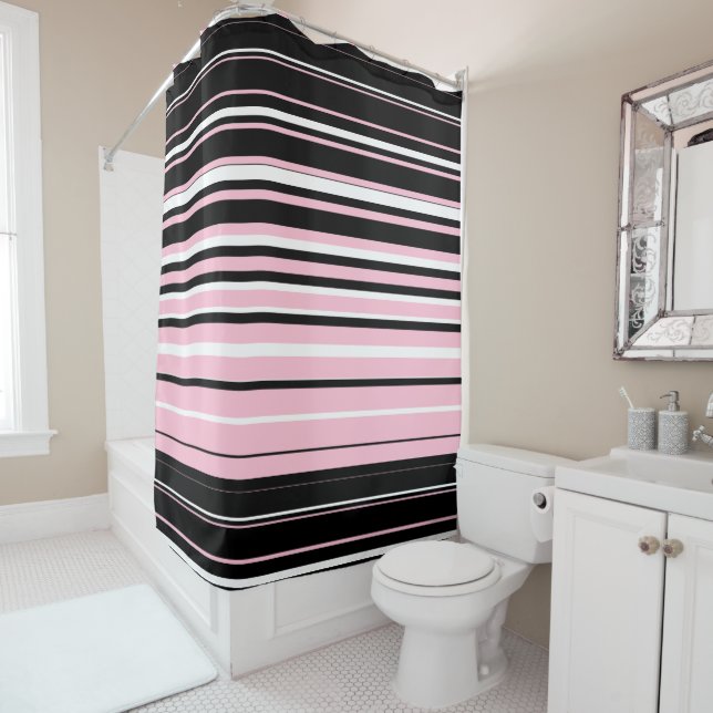 Rideaux De Douche Ligne horizontale noire, blanche et rose (En situation)