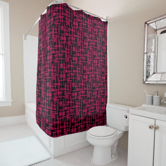 Rideaux De Douche Lignes Abstraites 120923 - Rose tropicale sur noir (En situation)