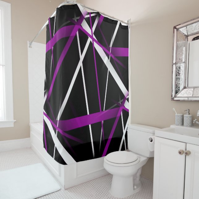 Rideaux De Douche Lignes Abstraites violettes et blanches en noir (En situation)