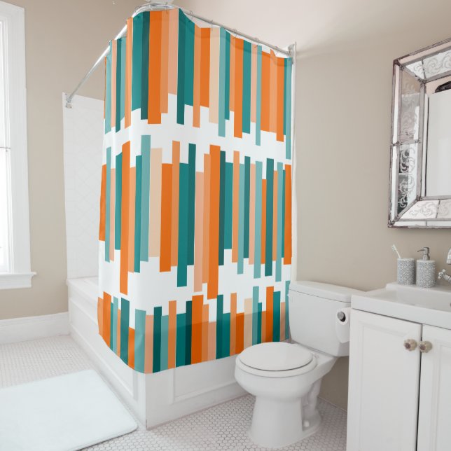 Rideaux De Douche Lignes décalées - Turquoise et orange  (En situation)