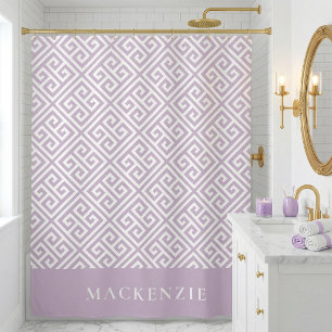 Rideaux De Douche Lila Violet et Blanc Clé Grecque Monogramme de Nom