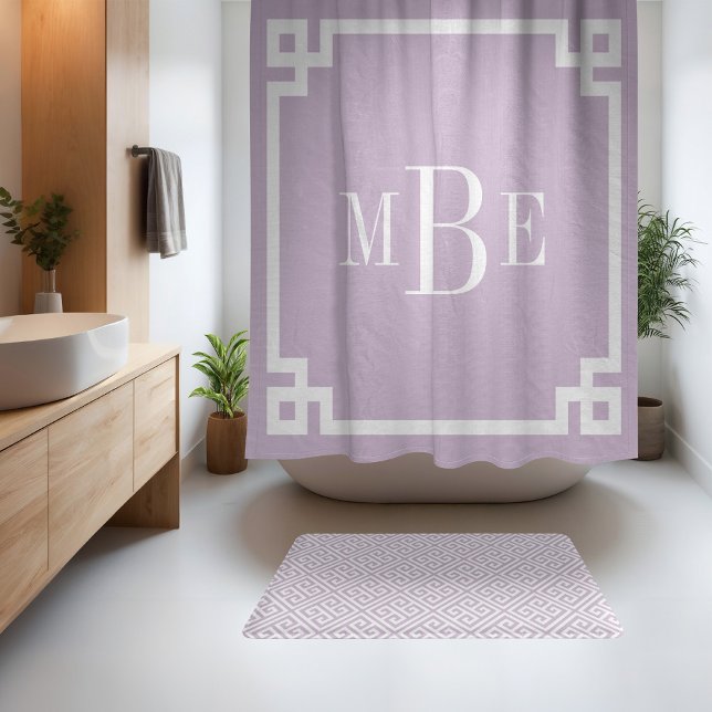 Rideaux De Douche Lilac Clé grecque violet et blanche | Monogramme (Créateur téléchargé)
