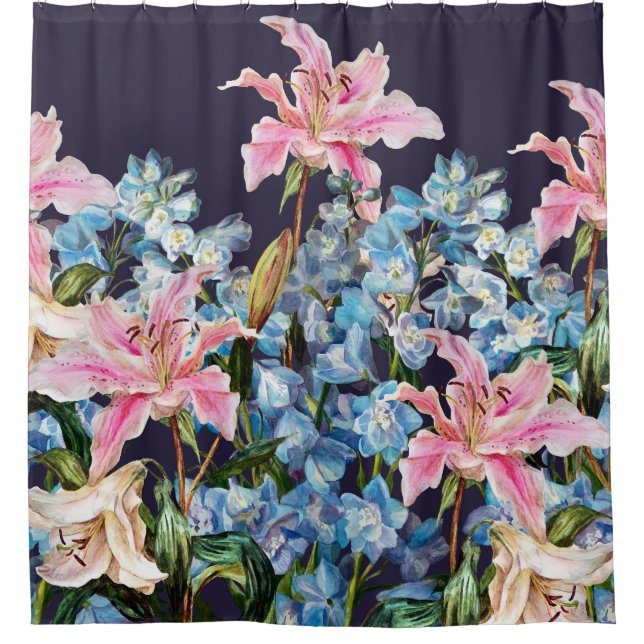 Rideaux De Douche Lilies, bordure delphiniums : peinture aquarelle. (Devant)