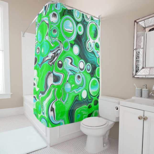 Rideaux De Douche Lime Green et Aqua Blue Bubble Art Abstrait (En situation)