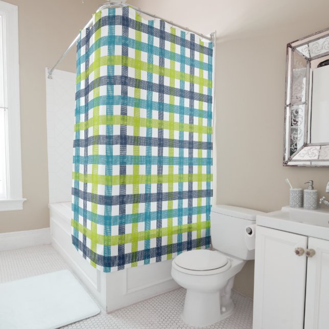 Rideaux De Douche Lime Green, Navy et bleu turquoise Plaid (En situation)