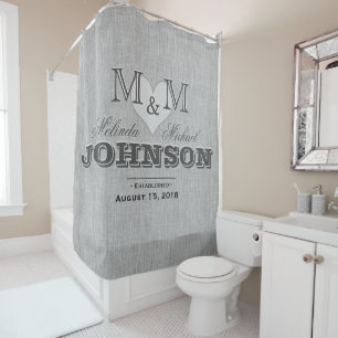 Rideaux De Douche Linge gris et Mariage de monogramme cardiaque