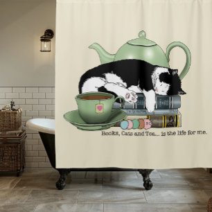 Rideaux De Douche Livres Confortables Chat Smoking Thé Mignon Théièr