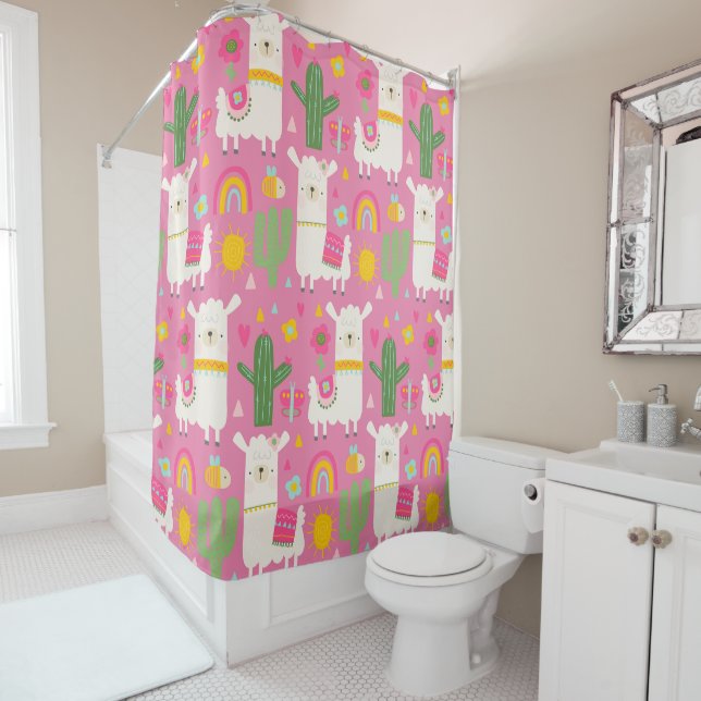 Rideaux De Douche Llamas Rainbows Green Cactus Light Girl Rose migno (En situation)