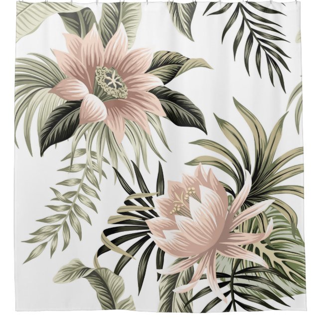 Rideaux De Douche Lotus rose vintage tropical, feuilles de palmiers, (Devant)