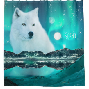 Rideaux De Douche Loup arctique et nuit magique avec aurores boréale