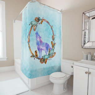 Rideaux De Douche Loup d'aquarelle pourpre avec couronne de bois