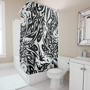 Rideaux De Douche Loup tribal Abstrait noir et argent
