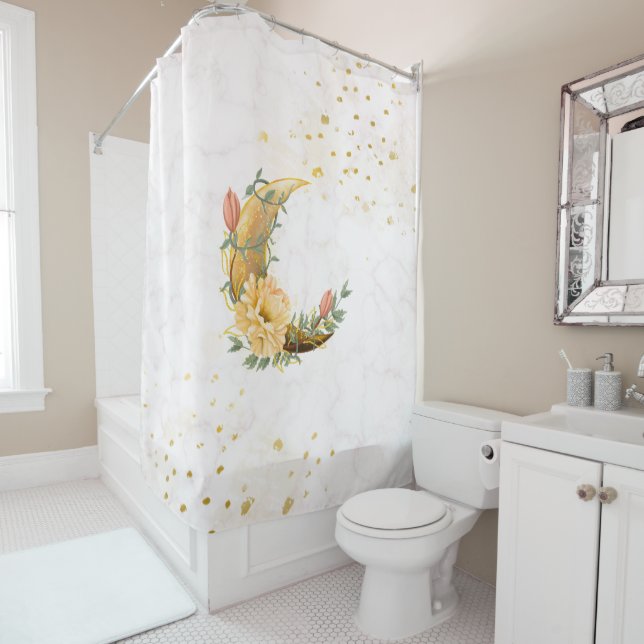 Rideaux De Douche Lune Florale, Graphisme Beige, Aube Fleurissante (En situation)