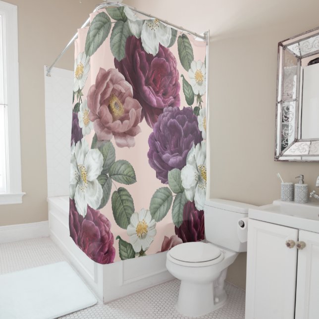 Rideaux De Douche Luxe élégant Florals Rose violet (En situation)