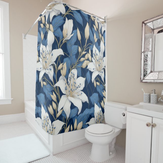 Rideaux De Douche Lys Motif sans joint Blanc Bleu Floral été (En situation)