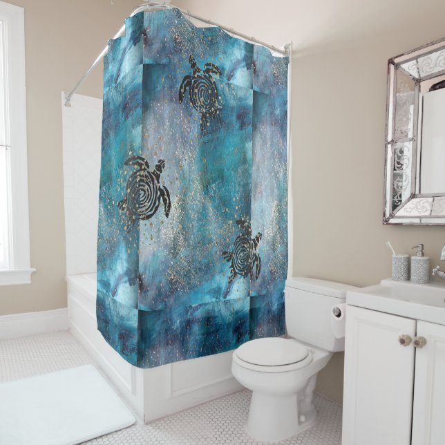 Rideaux De Douche Magique Tortue de mer Glittery Bleu (En situation)