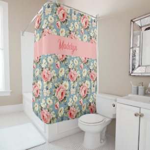 Rideaux De Douche Maison de Campagne Florale Rose Blush Monogramme N