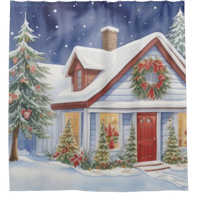 Rideaux De Douche Maison de Noël Neige Peinture d'hiver Aquarelle (Devant)