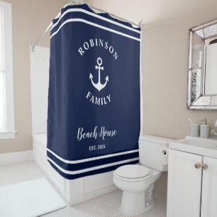 Rideaux De Douche Maison de plage familiale personnalisée Bleu Ancre