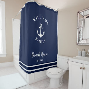 Rideaux De Douche Maison de plage familiale personnalisée Bleu Ancre