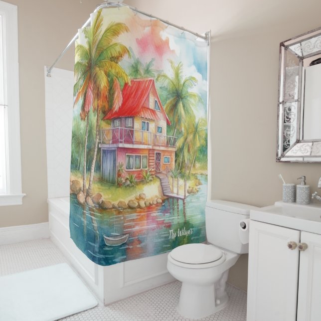 Rideaux De Douche Maison de plage Tropical (En situation)