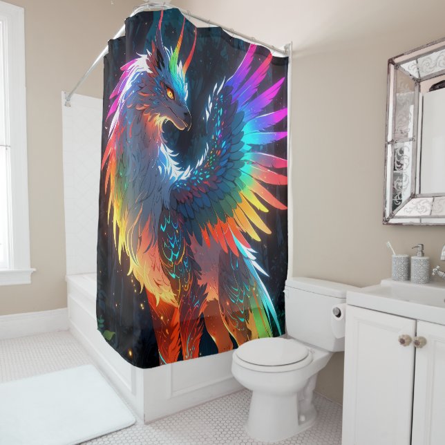 Rideaux De Douche Majestic Kaleidoscope Phoenix couleurs vives (En situation)