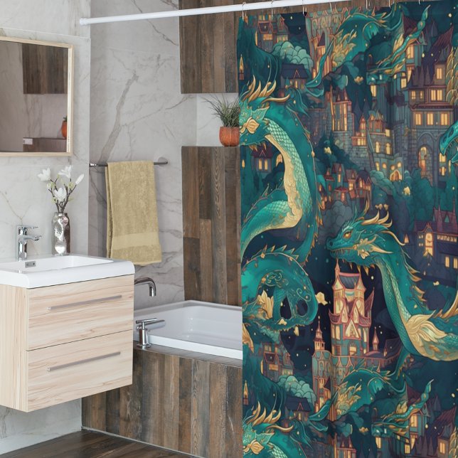 Rideaux De Douche Majestic Turquoise Dragons et Village (Créateur téléchargé)