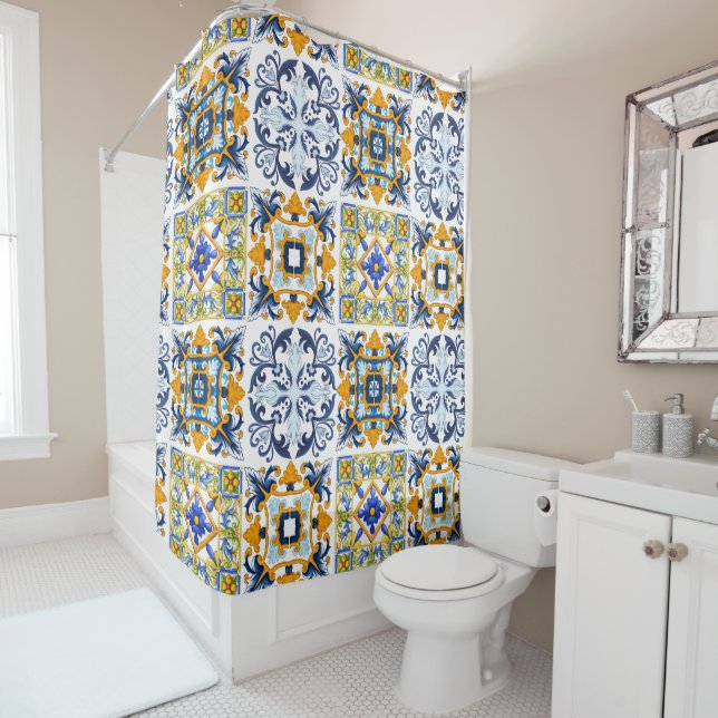 Rideaux De Douche Majolica, citrons, tuiles siciliennes   (En situation)