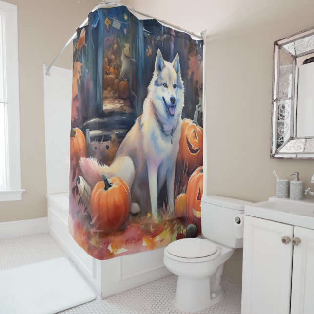 Rideaux De Douche Malamute d'Halloween en Alaska avec la peur Citrou (En situation)