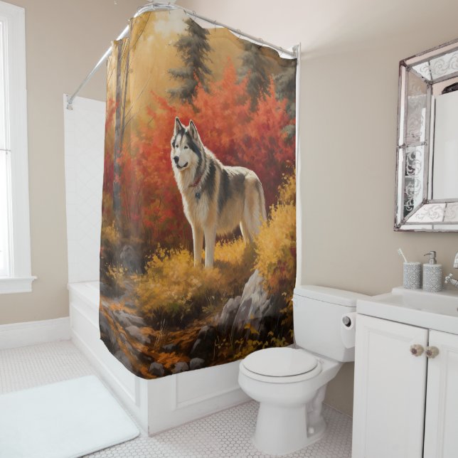 Rideaux De Douche Malamute en Alaska à l'automne Feuilles automne in (En situation)