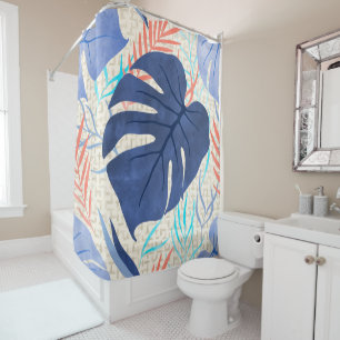 Rideaux De Douche Maleah Monstera Tropical Hawaiian Watercolor- Blue