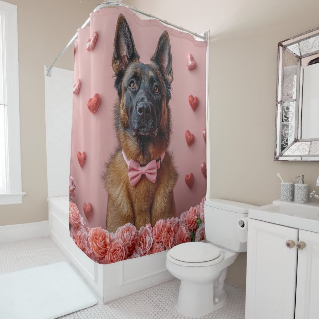 Rideaux De Douche Malinois belge avec Rose - Saint Valentin (En situation)