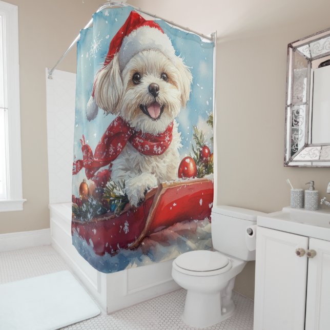 Rideaux De Douche Malti Tzu  Dog in Sledge Let it Snow Christmas (En situation)