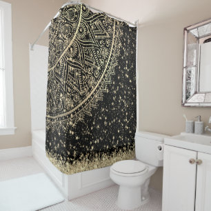 Rideaux De Douche Mandala envoûtant avec des étoiles d'or sur Noir