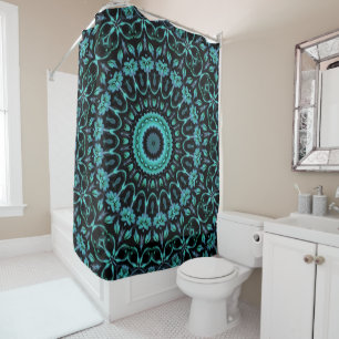 Rideaux De Douche Mandala Floral Noir Sarcelle Foncé