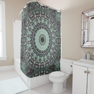 Rideaux De Douche Mandala Kaleidoscope noir et aquamarine