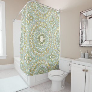 Rideaux De Douche Mandala Terrien en Vert, Or et Bleu Clair