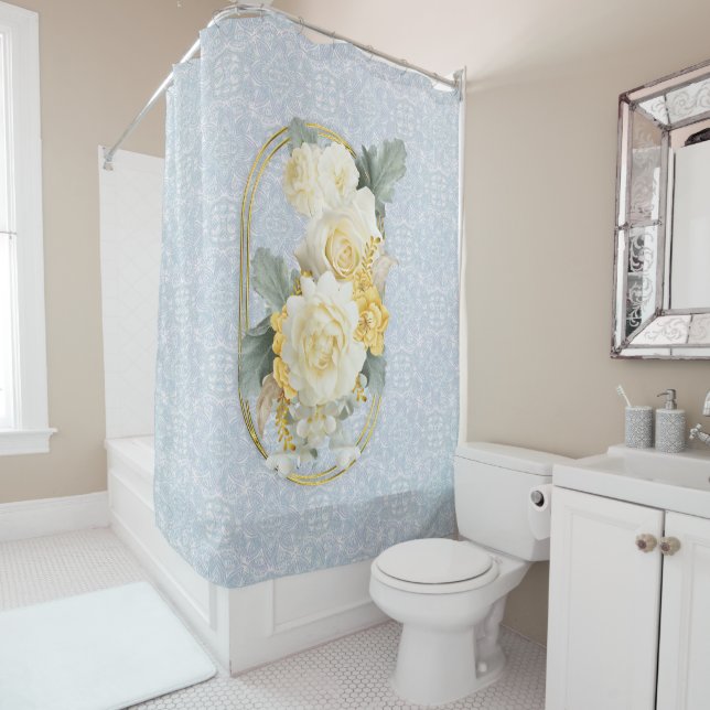 Rideaux De Douche Mandalas bleu clair, rose et blanc (En situation)