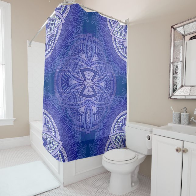Rideaux De Douche Mandalas en motif répétitif mixte néerlandais-bleu (En situation)