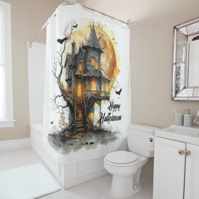 Rideaux De Douche Manoir Lune - Salutations d'Halloween dans l'ombre (En situation)