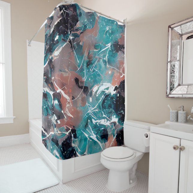 Rideaux De Douche Marbre abstrait turquoise et orange (En situation)