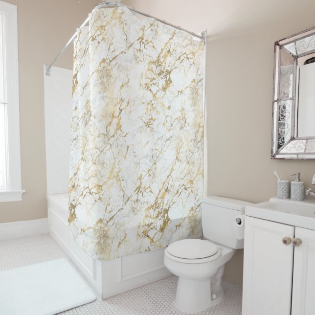 Rideaux De Douche Marbre blanc et or (En situation)